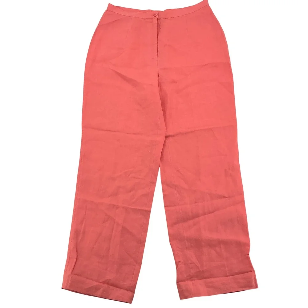 90s DinaK Tailored Linen Trousers Womens M Coral Pink High Waisted Straight Leg